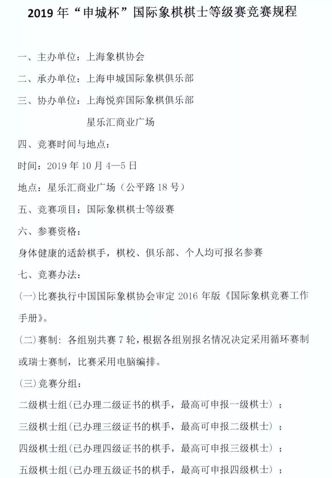 2019年“申城杯”全国国际象棋棋士等级赛